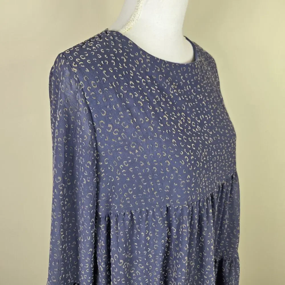 Altar'd State Dress Womens Large Blue Animal Print Bell Sleeve Tiered Trapeze